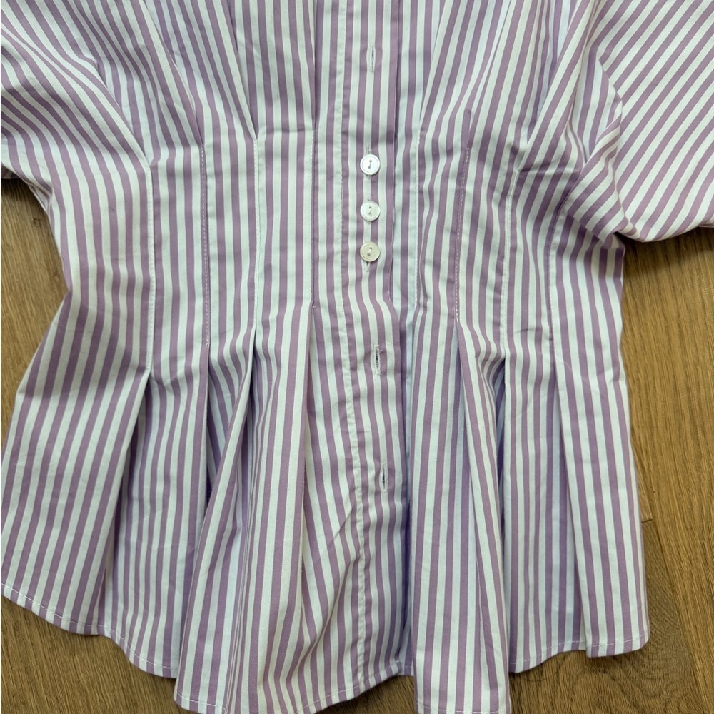 Anthropologie Exquise Striped Button-Up Peplum Shirt in Lavender and White - Picture 3 of 5